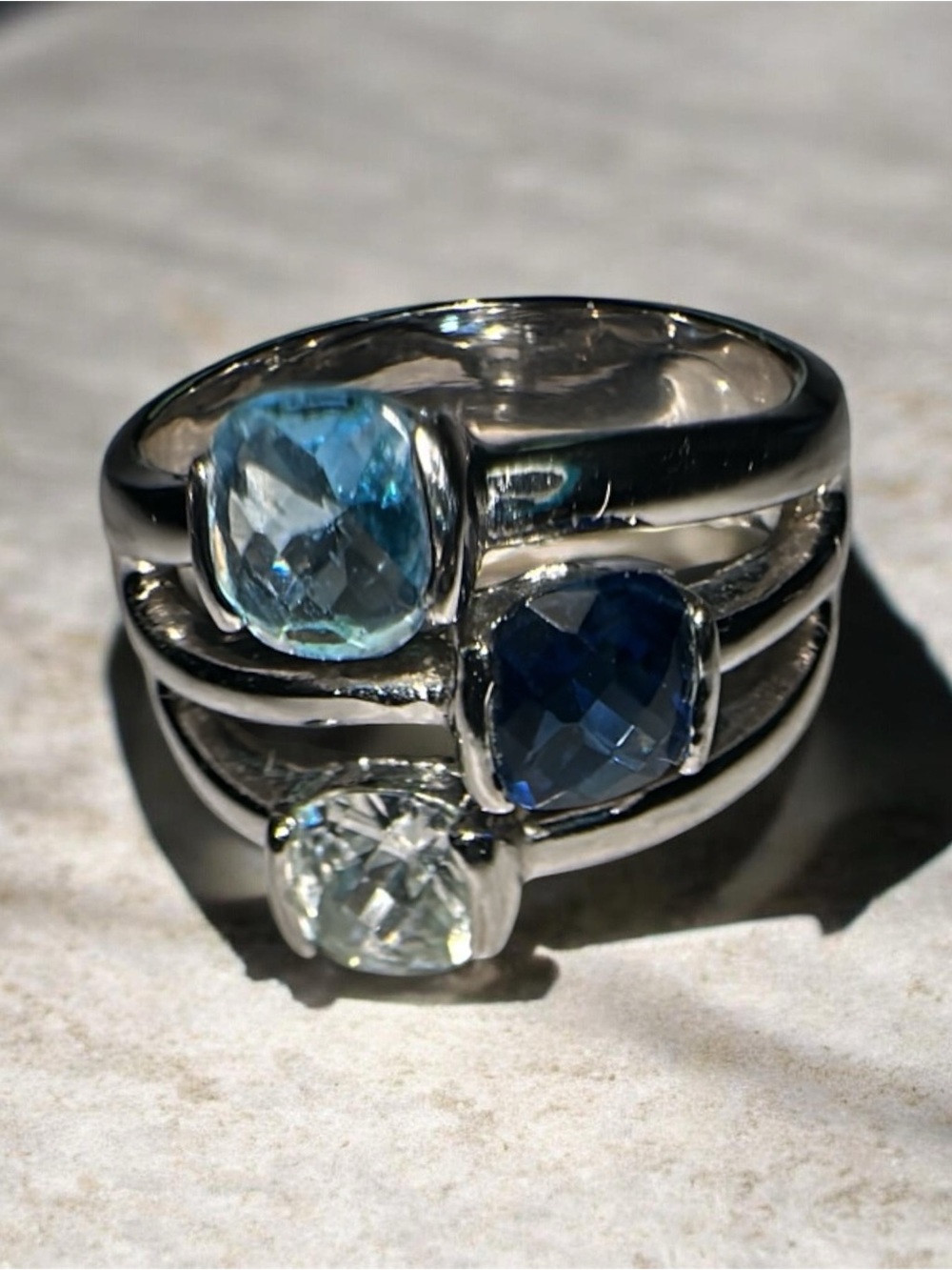 Lia Sophia Triple Stone Silver Ring with Light Blue, Dark Blue, and Clear Stones